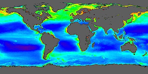 World concentrations of surface ocean chlorophyll as viewed by satellite during the northern spring, averaged from 1998 to 2004. Chlorophyll is a marker for the distribution and abundance of phytoplankton.
