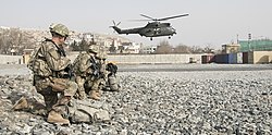 US, British and Afghan security forces train together in an aerial reaction force exercise at Camp Qargha in Kabul, 2018