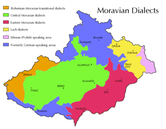 Traditional territory of the main dialect groups of Moravia and Czech Silesia. Green: Central Moravian, Red: East Moravian, Yellow: Lach (Silesian), Pink: Cieszyn Silesian, Orange: Bohemian–Moravian transitional dialects, Purple: Mixed areas