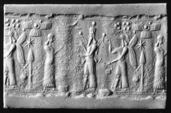 Impression of a Middle Assyrian cylinder seal, depicting a religious scene