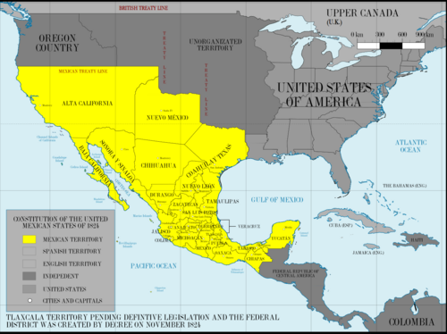 Mexico in 1824. Coahuila y Tejas is the northeasternmost state.