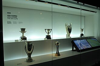 The six trophies won by Barcelona in 2009 on display in the Camp Nou museum.