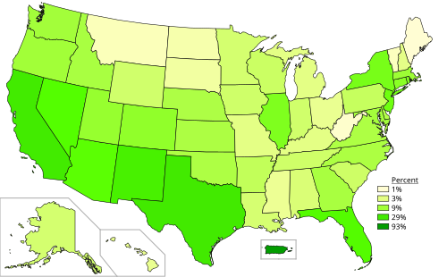 Percentage of the U.S. population aged 5 and over who speaks Spanish at home in 2019, by states