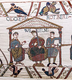 The Bayeux Tapestry (detail) showing William the Conqueror (centre), his half-brothers Robert, Count of Mortain (right) and Odo, Bishop of Bayeux in the Duchy of Normandy (left)