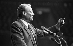 Former Governing Mayor of Berlin, then Federal Republic of Germany (West Germany) Chancellor Willy Brandt (served 1969–1974), speaking at his Social Democratic Party of Germany (SPD) meeting in Dortmund (1983)