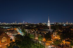 An aerial view of Harvard University at night in 2017