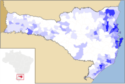 Map of the population density in Santa Catarina per municipality in 2010