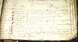 Records of the Recoleta Cemetery about the burial of Juan Baustista Túpac Amaru, proposed as King of the United Provinces of South America.