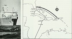 AT&T Long Lines cable ship working on the cable linking mainland Vero Beach, Florida to St. Thomas in the Virgin Islands. Typical maps, US to Venezuela cable route.