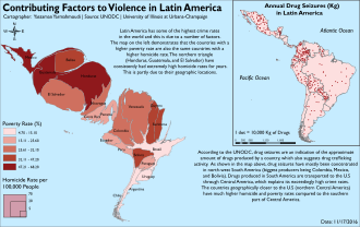 Two factors which may be related to crime in Latin America are poverty and drug trafficking. Drug traffickers use violence to resolve disputes over profits or territory. Crime impedes economic growth by discouraging investment and redirecting resources from productive activities to the prevention or punishment of further crime. Data: UNODC, 2012.