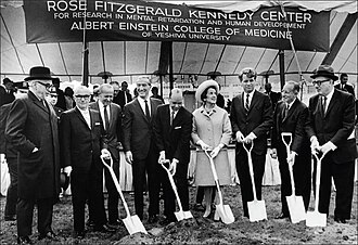Family matriarch Rose Kennedy during the 1966 ground-breaking of the Rose F. Kennedy Center, with Senator Robert F. Kennedy to her left