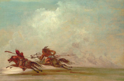 War on the Plains: Comanche (right) trying to lance an Osage warrior, painting by George Catlin, 1834