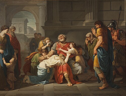 The Blind Oedipus Commending his Children to the Gods (1784) by Bénigne Gagneraux. In his Poetics, Aristotle uses the tragedy Oedipus Tyrannus by Sophocles as an example of how the perfect tragedy should be structured, with a generally good protagonist who starts the play prosperous, but loses everything through some hamartia (fault).[157]