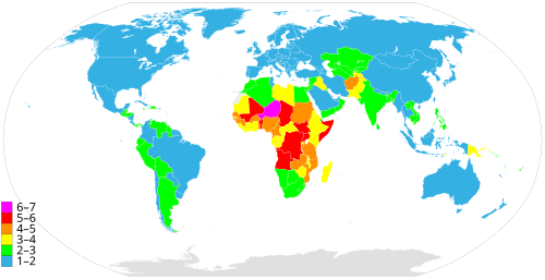 A world map showing global variations in fertility rate per woman according to the CIA World Factbook's 2021 data 6–7 children 5–6 children 4–5 children 3–4 children 2–3 children 1–2 children