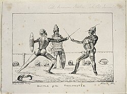 Capt. Levett Landon Boscawen Ibbetson, descendant of merchant Francis Levett, dueling in a trilobite exoskeleton. Drawn by his friend Gideon Mantell, fellow member of The Royal Society
