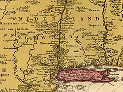 Excerpt from the 1685 Novi Belgii Novæque Angliæ map by Nicolaes Visscher II with "tLange Eylandt alias Matouwacs" in red