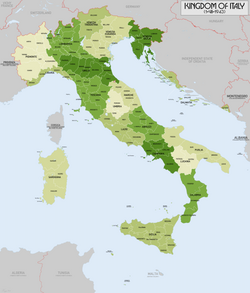 Map of the Kingdom of Italy at its greatest extent in 1943, during World War II, with the annexation of small territories from France and Yugoslavia. The territories annexed by the latter are the area constituting the province of Ljubljana, the area merged with the province of Fiume and the areas making up the Governorate of Dalmatia.
