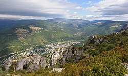 Typical view of the mountainous Cévennes area in the thinly-populated interior of Languedoc: plateaus (the Causses) with deep river canyons