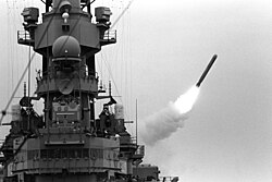 USS Missouri launching a Tomahawk missile. The Gulf War was the last conflict in which battleships were deployed in a combat role.
