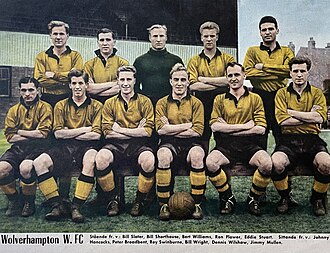 Wolverhampton Wanderers F.C., side at 1955 with following players, from left standing: Bill Slater, Bill Shorthouse, Bert Williams, Ron Flowers, Eddie Stuart; front row: Johnny Hancocks, Peter Broadbent, Roy Swinbourne, Billy Wright (captain), Dennis Wilshaw and Jimmy Mullen.