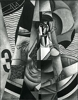 Jean Metzinger, 1913, En Canot (Im Boot), oil on canvas, 146 cm × 114 cm (57.5 in × 45 in), exhibited at Moderni Umeni, S.V.U. Mánes, Prague, 1914, acquired in 1916 by Georg Muche at the Galerie Der Sturm, confiscated by the Nazis circa 1936–1937, displayed at the Degenerate Art show in Munich, and missing ever since[99]