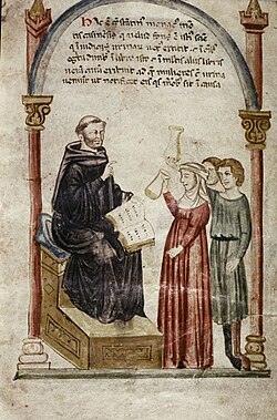 Constantine the African examines patients' urine; he taught ancient Greek medicine and Islamic medicine at the Schola Medica Salernitana.