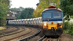 A unit train with cargo from a quarry in the United Kingdom