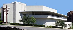 Community Christian Church was designed by Frank Lloyd Wright and is next to the Country Club Plaza.