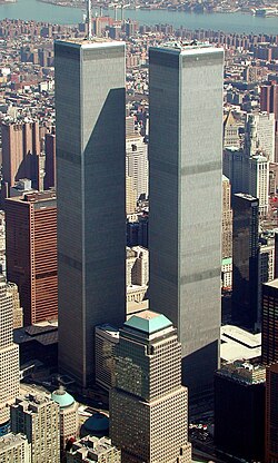Left and right: 1 and 2 World Trade Center in the original World Trade Center complex in New York City