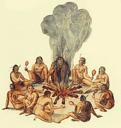 Ceremony of Secotan warriors in North Carolina. Watercolor painted by English colonist John White in 1585.