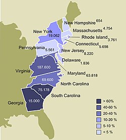 A map of the Thirteen Colonies in 1770, showing the number and proportion of slaves in each colony[54]