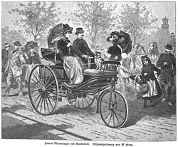 Carl and Bertha Benz driving around Munich in their Model 2 Benz Patent-Motorwagen, September 1888
