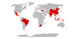 Newly industrialized countries as of 2013. This is an intermediate category between fully developed and developing.