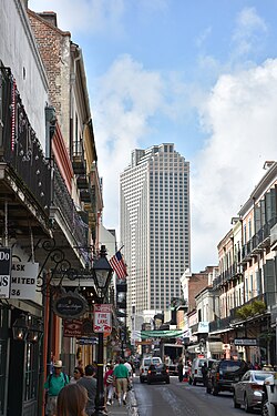 Looking southwest down Royal Street during the 2015 French Quarter Festival. (The skyscraper is the Place St. Charles office building.)[1]