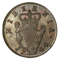 Crowned harp on a farthing coin of 1744