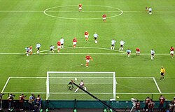 Beckham scoring a penalty against Argentina at the 2002 World Cup