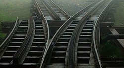 A two-track transfer table used as a switch at Mount Washington Cog Railway