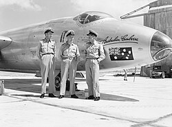 Peter Raw, Bill Kerr, and Noel Davis with their English Electric Canberra in Malta, about to start the 1953 London to Christchurch air race