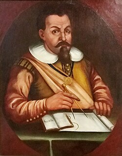 Johannes Faulhaber (1625/1630) with a compass and his book "Secreta" from the year 1621.