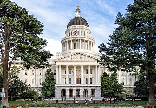 The California Capitol in Sacramento, seat of the California government, hosts the California Legislature and the Governor of California.