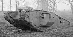 This British Mark IV tank displays a "tadpole tail" extension for crossing especially wide trenches, an experiment that was not successful