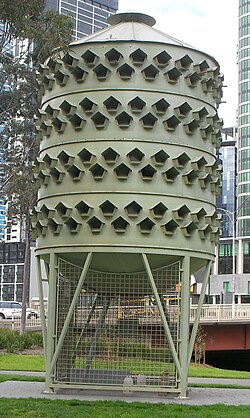 Large pigeon trap at Batman Park, Melbourne. Designed specifically to encourage nesting and allow removal of fertilised eggs to prevent population growth, it was a landmark in its own right before its removal, for lack of success, around 2015.