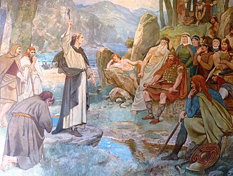 Nineteenth century illustration of Saint Columba's conversion of King Bridei, by William Hole