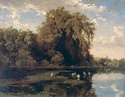 An 1875 painting, Ahuehuetes en Chapultepec, by José María Velasco Gómez depicting the cypress by the lake in Chapultepec.
