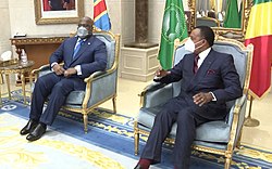 President Félix Tshisekedi with the president of neighbouring Republic of the Congo Denis Sassou Nguesso in 2020; both wear face masks due to the COVID-19 pandemic.