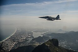 F-5EM Tiger II fighter jet of the Brazilian Air Force during an air intercept training for Rio 2016