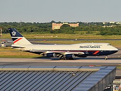 One of the four retro liveries to celebrate the 100th anniversary of British Airways and its predecessors. This Boeing 747-400 aircraft (registered as G-BNLY) is painted in the Landor Associates design.