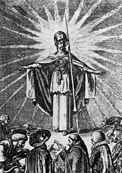 Roman goddess Minerva as a symbol of enlightened wisdom protects the believers of all religions (Daniel Chodowiecki, 1791)