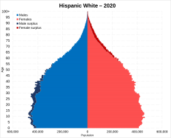Population pyramid of Hispanic Whites in 2020.