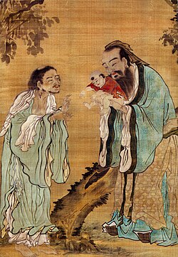 A painting of Confucius presenting a young Buddha to Laozi.